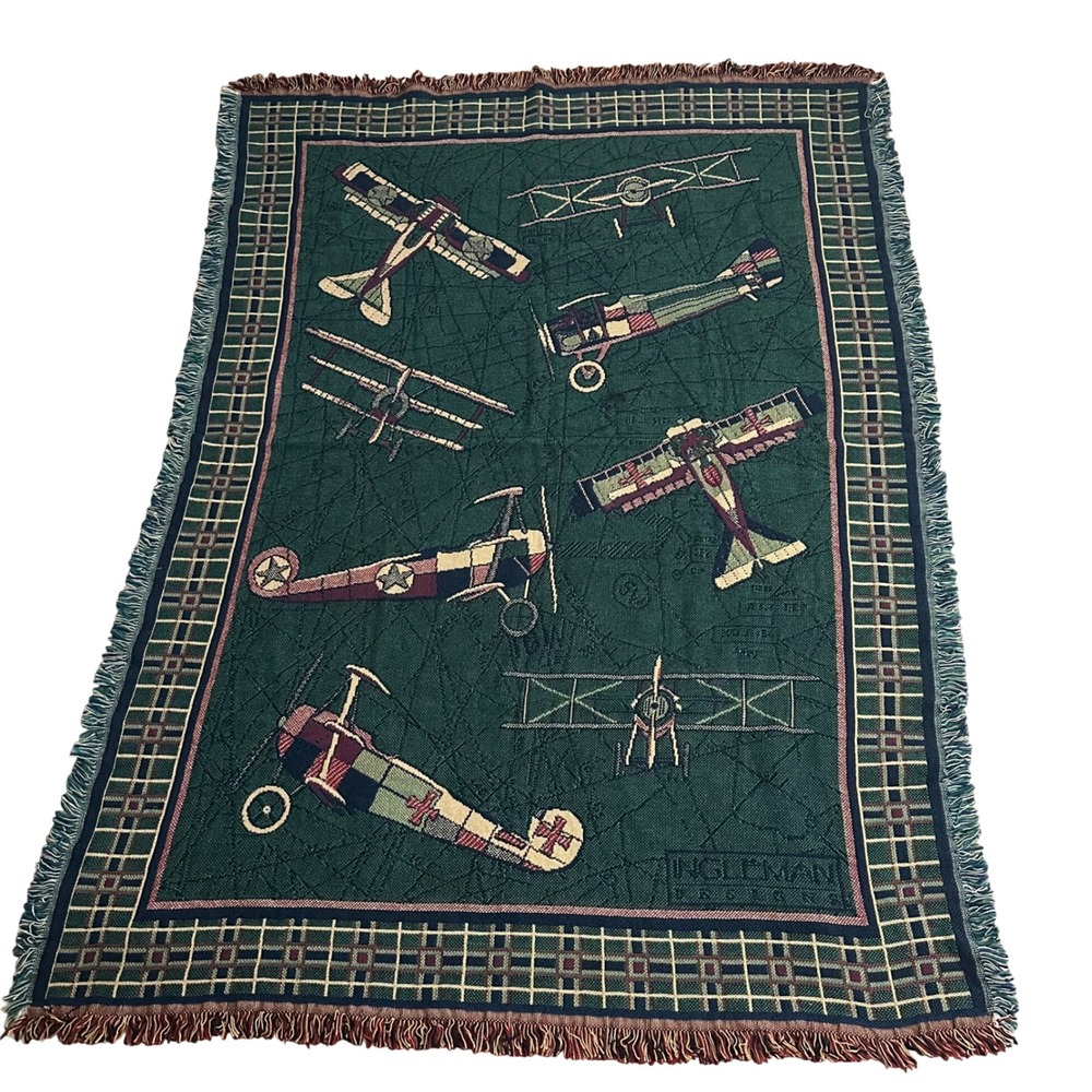 Goodwin Weavers Fly Boys Vintage Airplane Woven Cotton Throw Blanket 48x67 Green